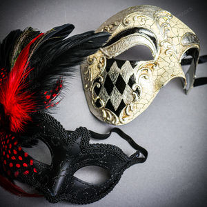Venetian Silver Phantom Half Face & Black Glitter RED Feather Eye Couple Mask